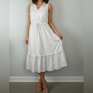 J.Crew Cotton Ruffle Collar Metallic Stripe Midi Dress - White/Pastel Size 6
